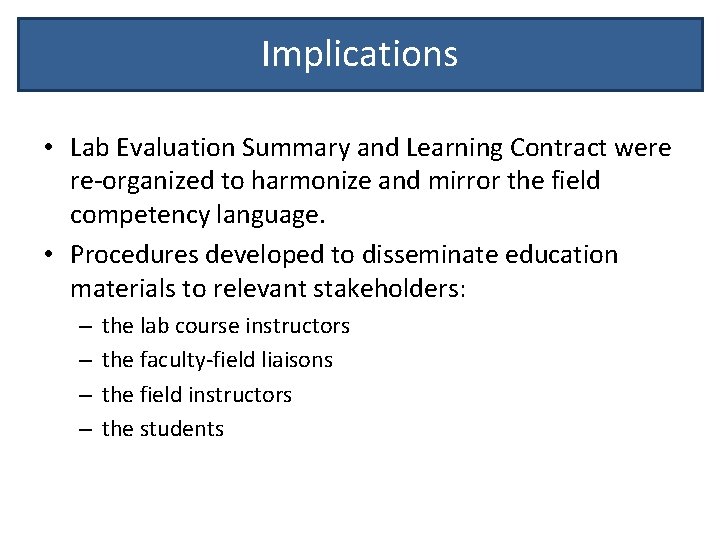 Implications • Lab Evaluation Summary and Learning Contract were re-organized to harmonize and mirror