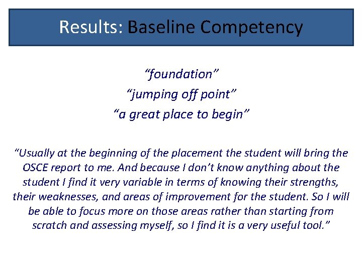 Results: Baseline Competency “foundation” “jumping off point” “a great place to begin” “Usually at