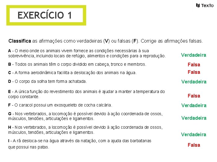 EXERCÍCIO 1 Classifica as afirmações como verdadeiras (V) ou falsas (F). Corrige as afirmações