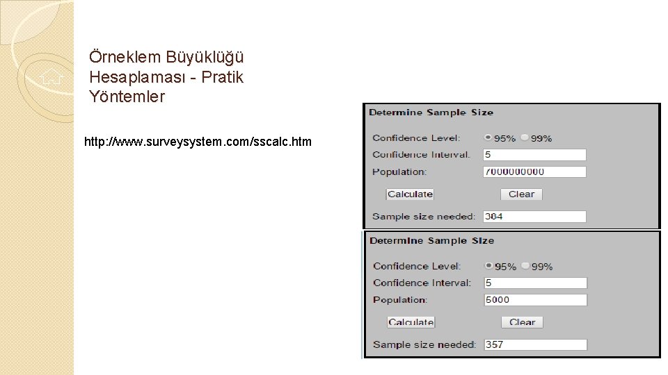 Örneklem Büyüklüğü Hesaplaması - Pratik Yöntemler http: //www. surveysystem. com/sscalc. htm 