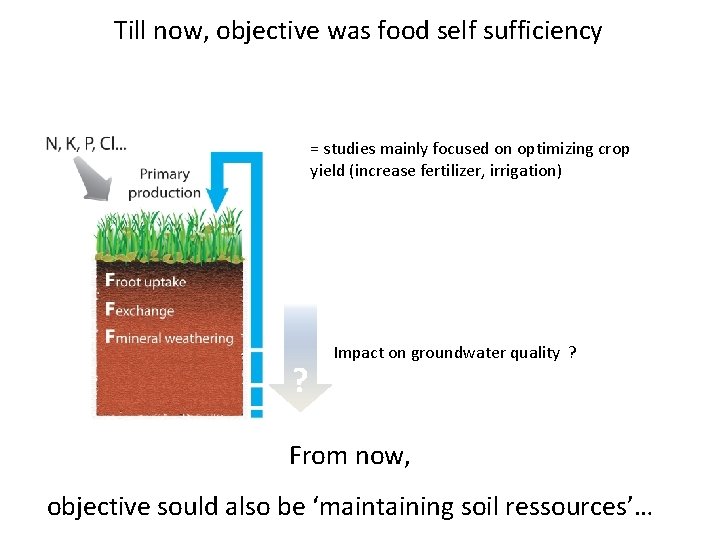 Till now, objective was food self sufficiency = studies mainly focused on optimizing crop