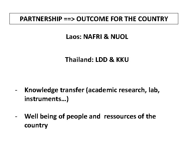 PARTNERSHIP ==> OUTCOME FOR THE COUNTRY Laos: NAFRI & NUOL Thailand: LDD & KKU