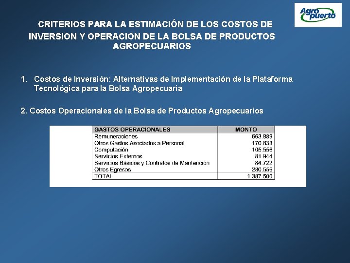 CRITERIOS PARA LA ESTIMACIÓN DE LOS COSTOS DE INVERSION Y OPERACION DE LA BOLSA