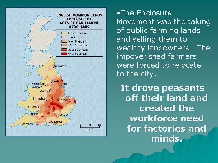  • The Enclosure Movement was the taking of public farming lands and selling