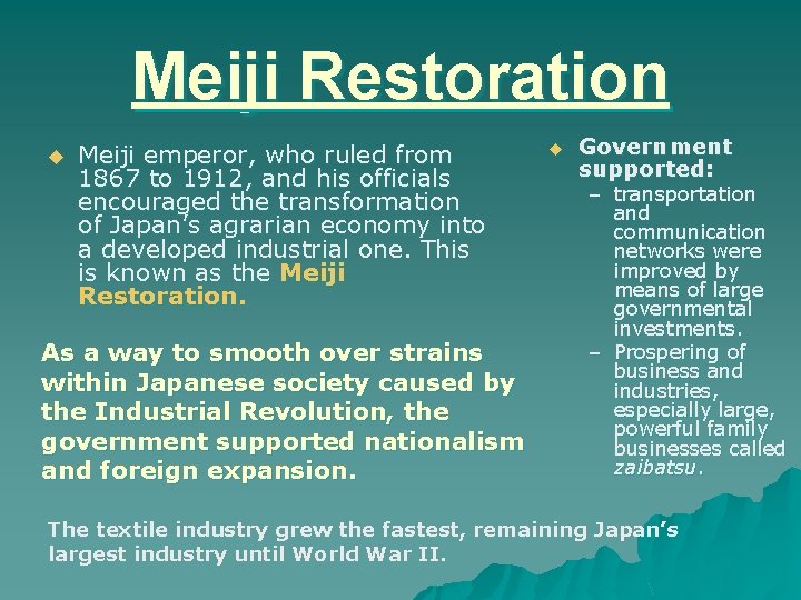 Meiji Restoration u Meiji emperor, who ruled from 1867 to 1912, and his officials