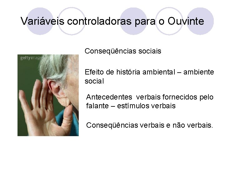 Variáveis controladoras para o Ouvinte Conseqüências sociais Efeito de história ambiental – ambiente social