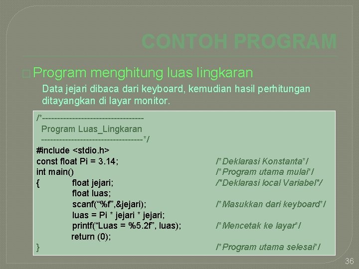 CONTOH PROGRAM � Program menghitung luas lingkaran Data jejari dibaca dari keyboard, kemudian hasil