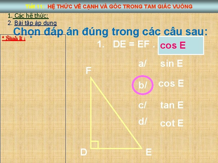 Tiết 11: HỆ THỨC VỀ CẠNH VÀ GÓC TRONG TAM GIÁC VUÔNG 1. Các