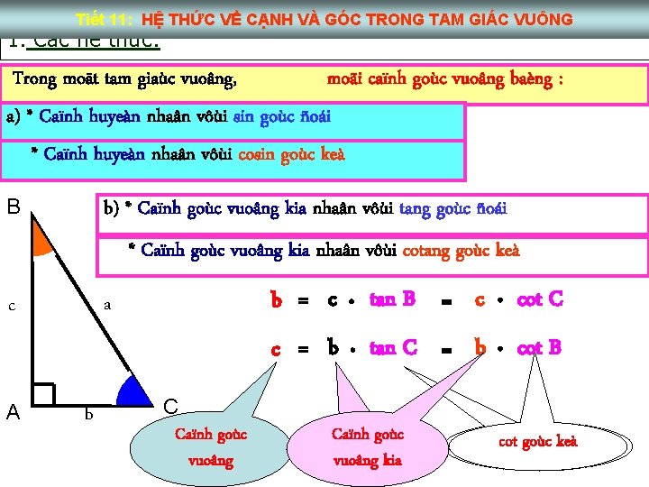 Tiết 11: HỆ THỨC VỀ CẠNH VÀ GÓC TRONG TAM GIÁC VUÔNG 1. Các