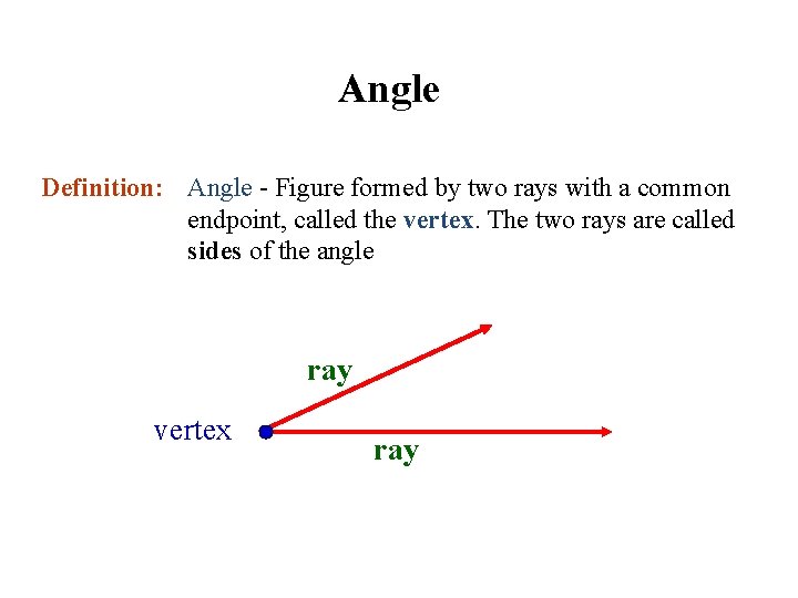 Angle Definition: Angle - Figure formed by two rays with a common endpoint, called