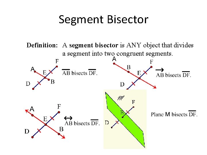 Segment Bisector Definition: A segment bisector is ANY object that divides a segment into