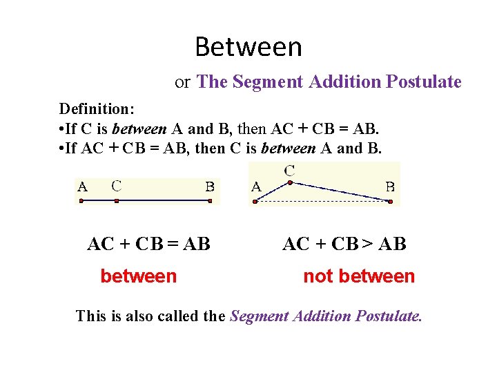 Between or The Segment Addition Postulate Definition: • If C is between A and