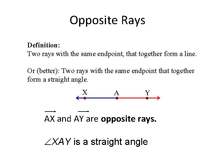 Opposite Rays Definition: Two rays with the same endpoint, that together form a line.