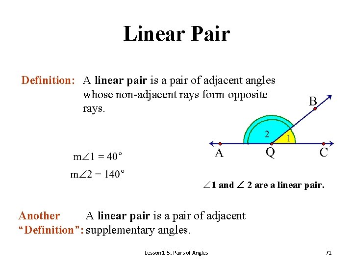 Linear Pair Definition: A linear pair is a pair of adjacent angles whose non-adjacent