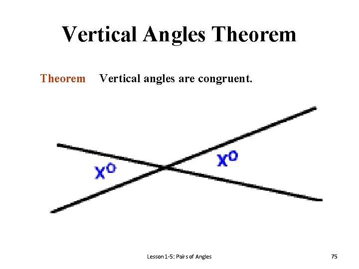 Vertical Angles Theorem Vertical angles are congruent. Lesson 1 -5: Pairs of Angles 75