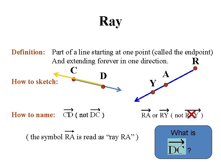 Ray Definition: Part of a line starting at one point (called the endpoint) And