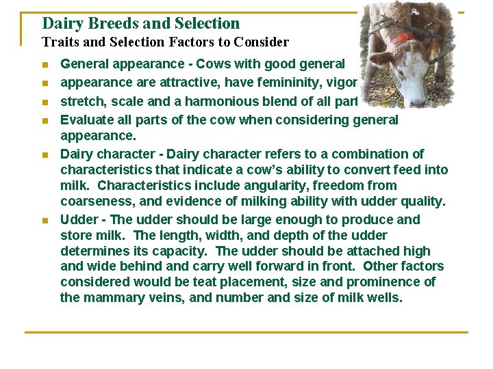 Dairy Breeds and Selection Traits and Selection Factors to Consider n n n General
