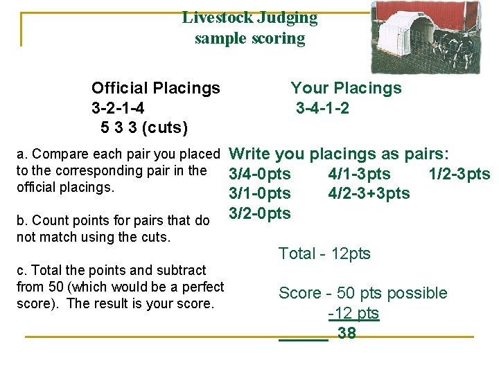 Livestock Judging sample scoring Official Placings 3 -2 -1 -4 5 3 3 (cuts)