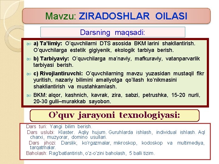 Mavzu: ZIRADOSHLAR OILASI Darsning maqsadi: a) Ta’limiy: O’quvchilarni DTS asosida BKM larini shakllantirish. O’quvchilarga