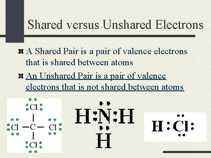 Shared versus Unshared Electrons A Shared Pair is a pair of valence electrons that