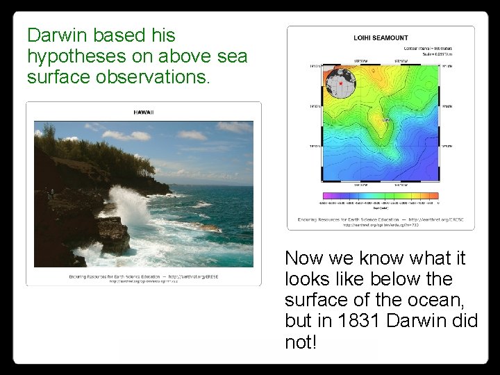 Darwin based his hypotheses on above sea surface observations. Now we know what it