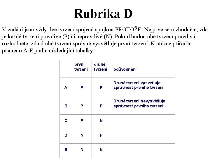 Rubrika D V zadání jsou vždy dvě tvrzení spojená spojkou PROTOŽE. Nejprve se rozhodněte,