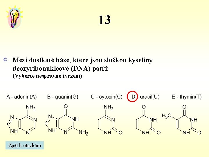 13 Mezi dusíkaté báze, které jsou složkou kyseliny deoxyribonukleové (DNA) patří: (Vyberte nesprávné tvrzení)