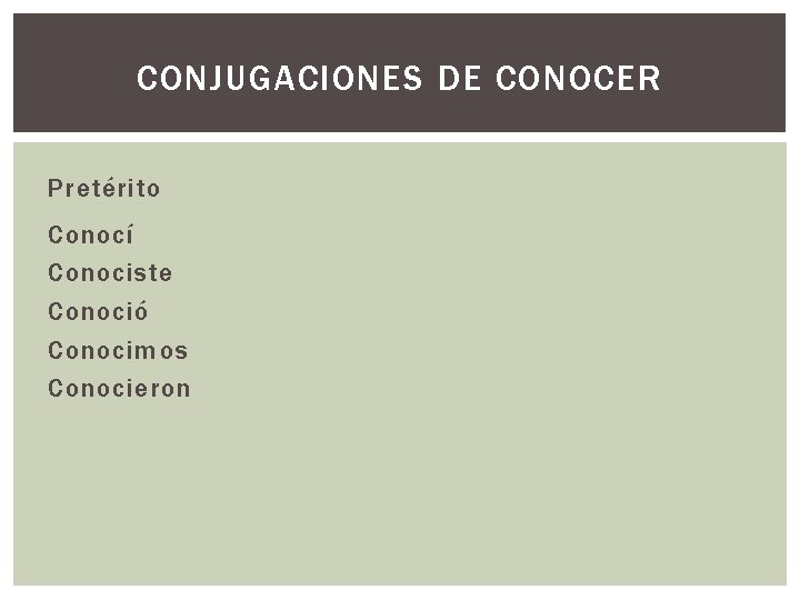 CONJUGACIONES DE CONOCER Pretérito Conocí Conociste Conoció Conocimos Conocieron 