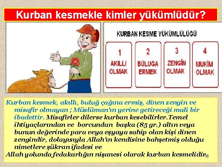 Kurban kesmekle kimler yükümlüdür? Kurban kesmek, akıllı, buluğ çağına ermiş, dinen zengin ve misafir