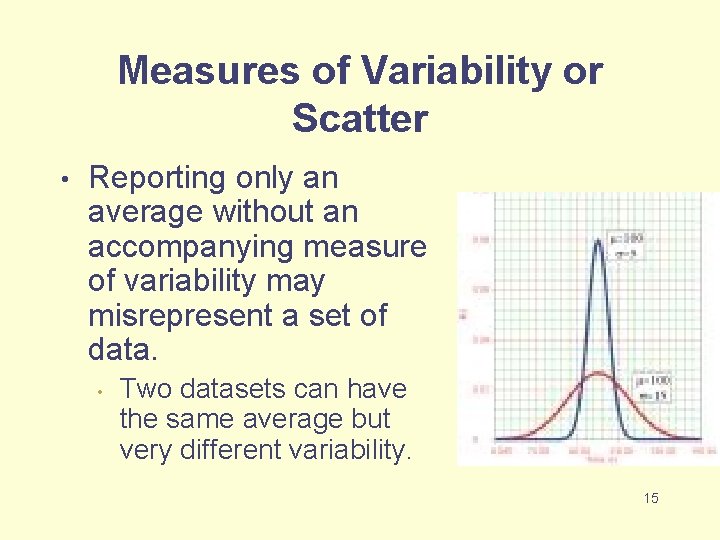 Measures of Variability or Scatter • Reporting only an average without an accompanying measure