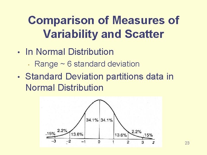 Comparison of Measures of Variability and Scatter • In Normal Distribution • • Range