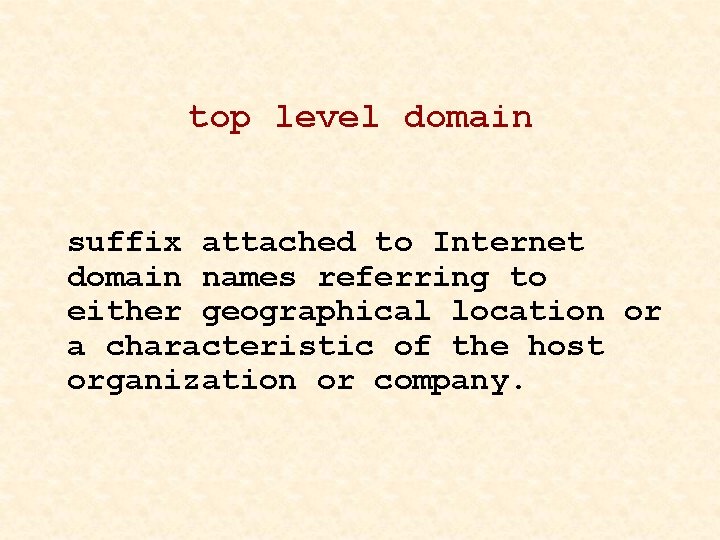 top level domain suffix attached to Internet domain names referring to either geographical location