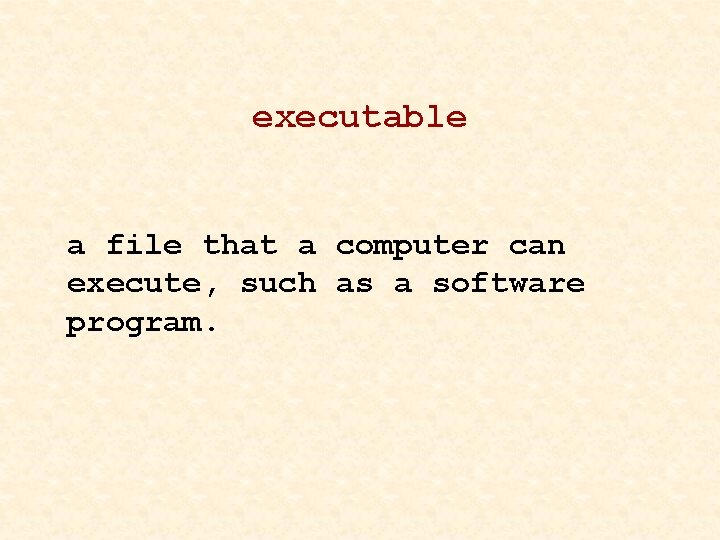 executable a file that a computer can execute, such as a software program. 