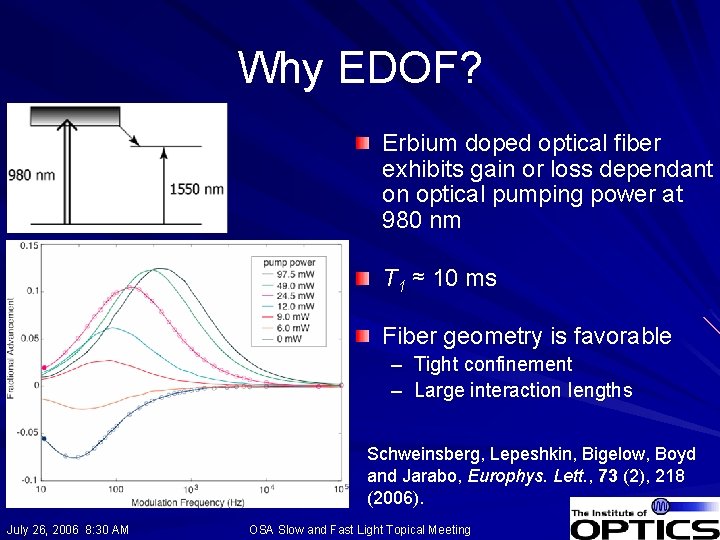 Why EDOF? Erbium doped optical fiber exhibits gain or loss dependant on optical pumping