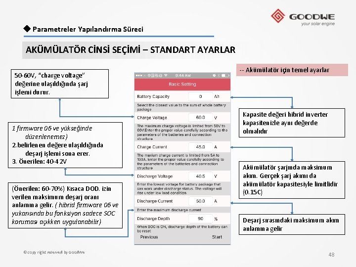  ◆ Parametreler Yapılandırma Süreci AKÜMÜLATÖR CİNSİ SEÇİMİ – STANDART AYARLAR 50 -60 V,