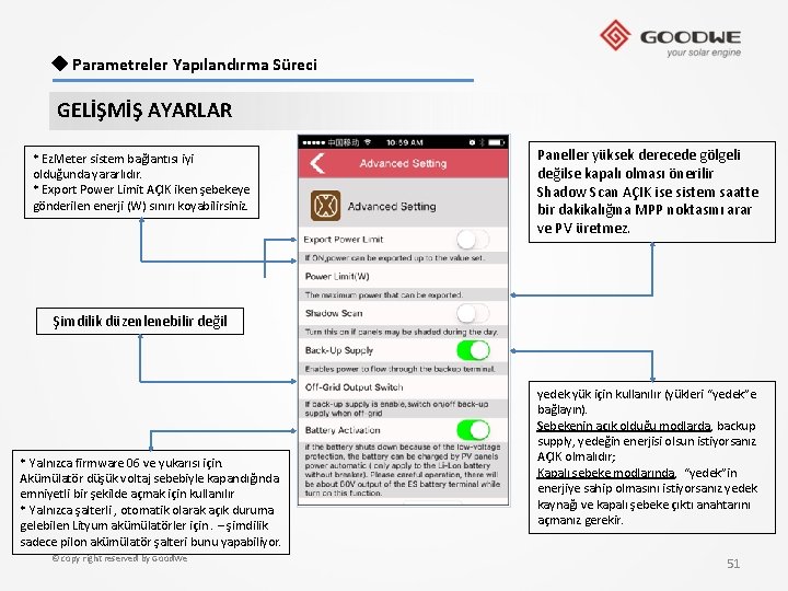  ◆ Parametreler Yapılandırma Süreci GELİŞMİŞ AYARLAR * Ez. Meter sistem bağlantısı iyi olduğunda