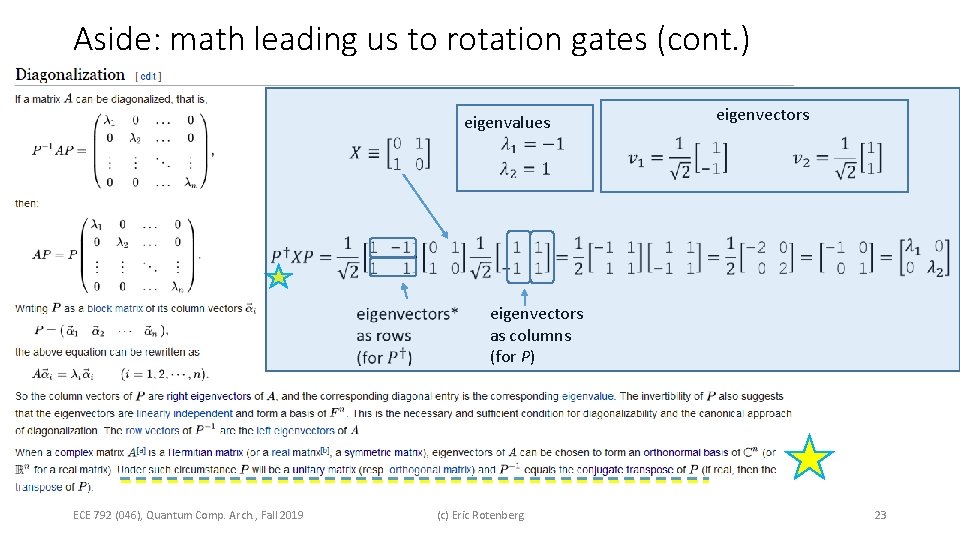 Aside: math leading us to rotation gates (cont. ) eigenvalues eigenvectors ECE 792 (046),
