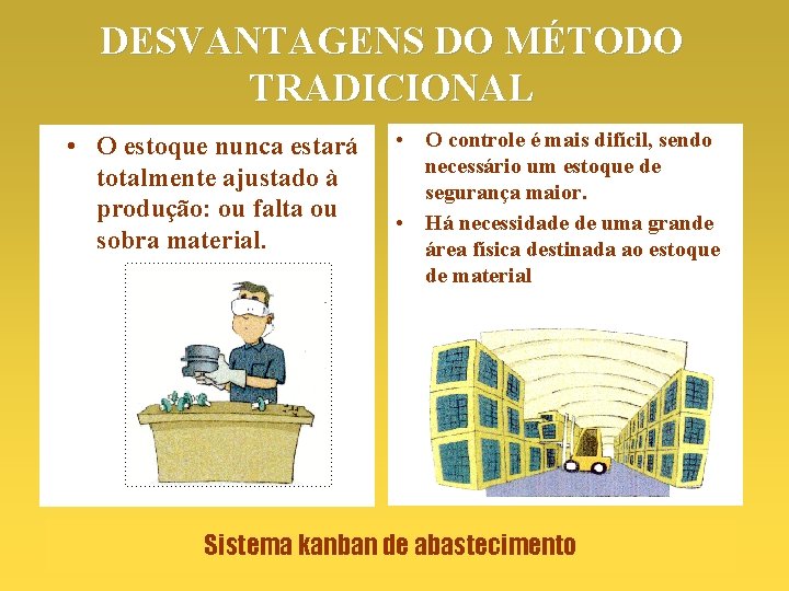 DESVANTAGENS DO MÉTODO TRADICIONAL • O estoque nunca estará totalmente ajustado à produção: ou