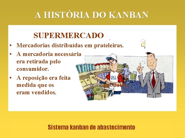 A HISTÓRIA DO KANBAN SUPERMERCADO • Mercadorias distribuídas em prateleiras. • A mercadoria necessária