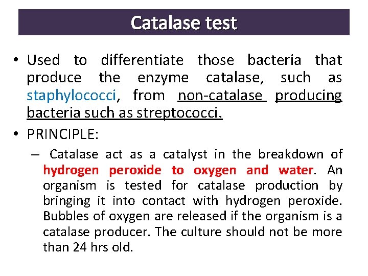 Catalase test • Used to differentiate those bacteria that produce the enzyme catalase, such