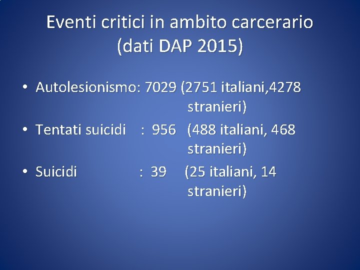 Eventi critici in ambito carcerario (dati DAP 2015) • Autolesionismo: 7029 (2751 italiani, 4278