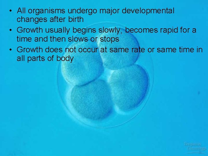  • All organisms undergo major developmental changes after birth • Growth usually begins