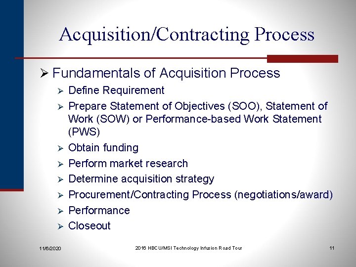Acquisition/Contracting Process Ø Fundamentals of Acquisition Process Ø Ø Ø Ø 11/6/2020 Define Requirement