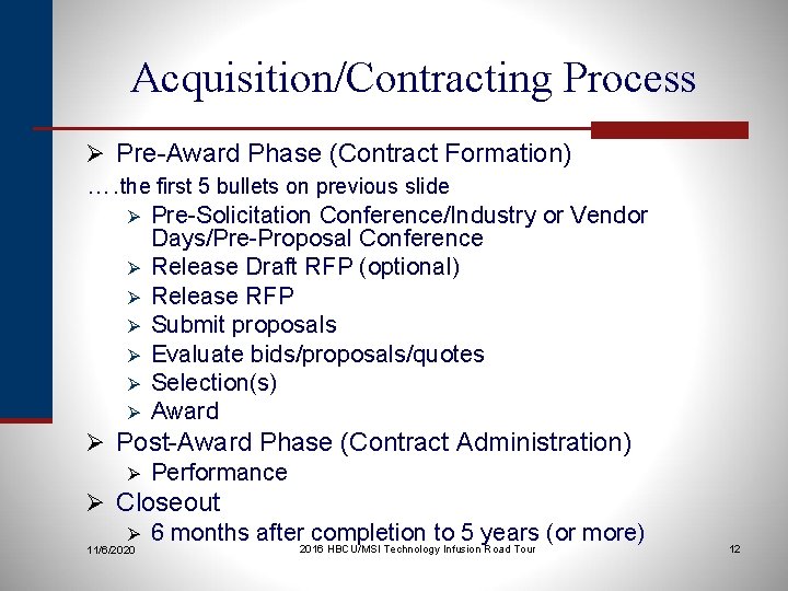 Acquisition/Contracting Process Ø Pre-Award Phase (Contract Formation) …. the first 5 bullets on previous