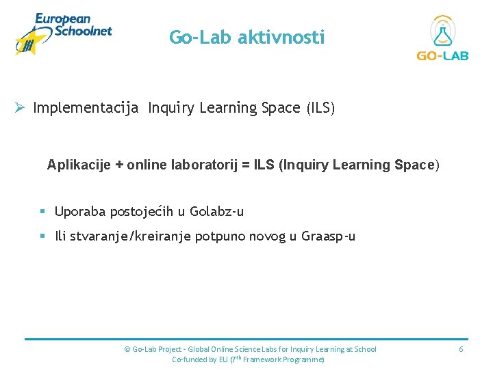 Place for your logo Go-Lab aktivnosti Ø Implementacija Inquiry Learning Space (ILS) Aplikacije +