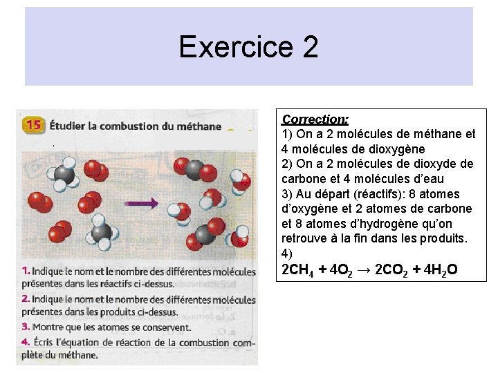 Exercice 2 Correction: 1) On a 2 molécules de méthane et 4 molécules de