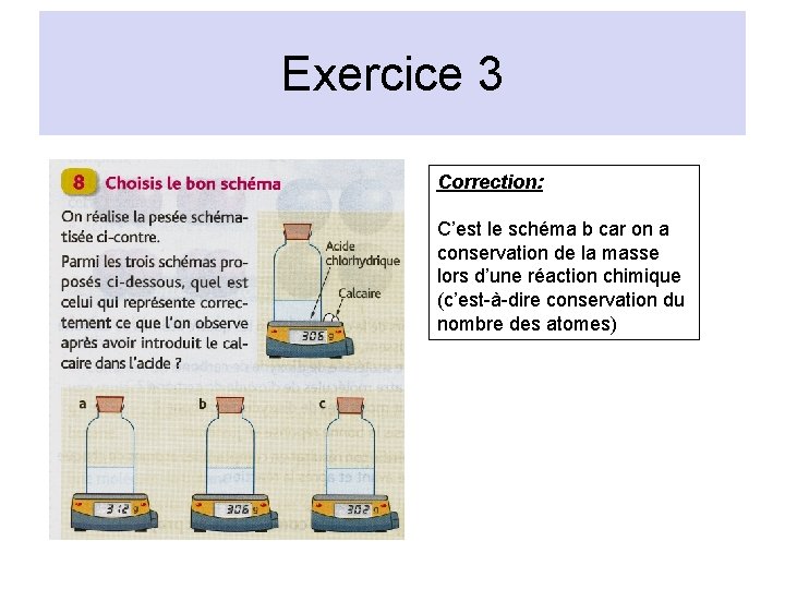 Exercice 3 Correction: C’est le schéma b car on a conservation de la masse