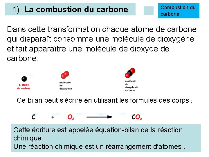 1) La combustion du carbone Combustion du carbone Dans cette transformation chaque atome de