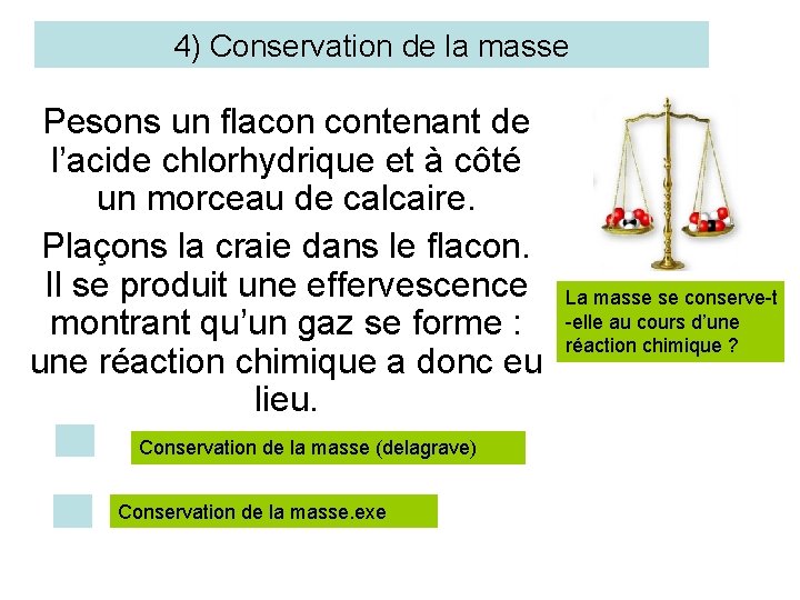 4) Conservation de la masse Pesons un flacon contenant de l’acide chlorhydrique et à