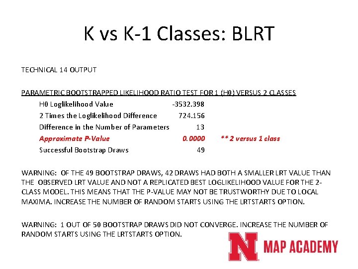 K vs K-1 Classes: BLRT TECHNICAL 14 OUTPUT PARAMETRIC BOOTSTRAPPED LIKELIHOOD RATIO TEST FOR K vs K-1 Classes: BLRT TECHNICAL 14 OUTPUT PARAMETRIC BOOTSTRAPPED LIKELIHOOD RATIO TEST FOR